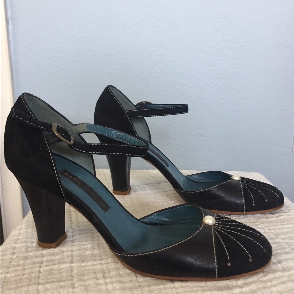 Marc Jacobs Mary Jane leather, suede heels w/pearl